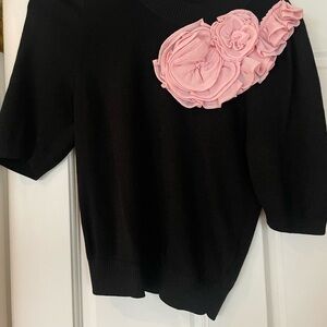 Maeve Black and Pink Blouse with Floral Shoulder Accent